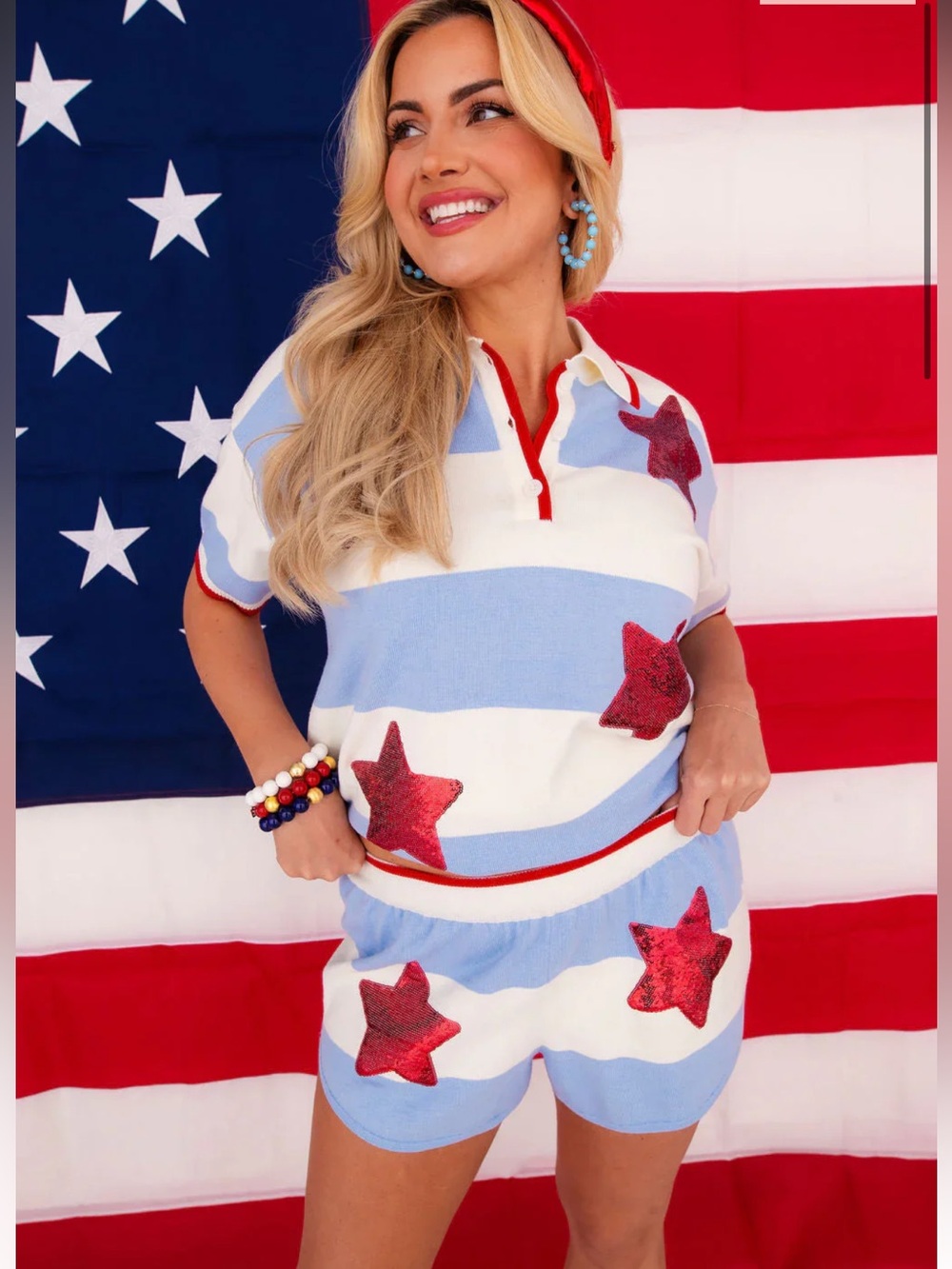 NWT Brianna Cannon Nantucket Stripe Knit Star Sequin Top & Shorts Set M - Picture 3 of 13